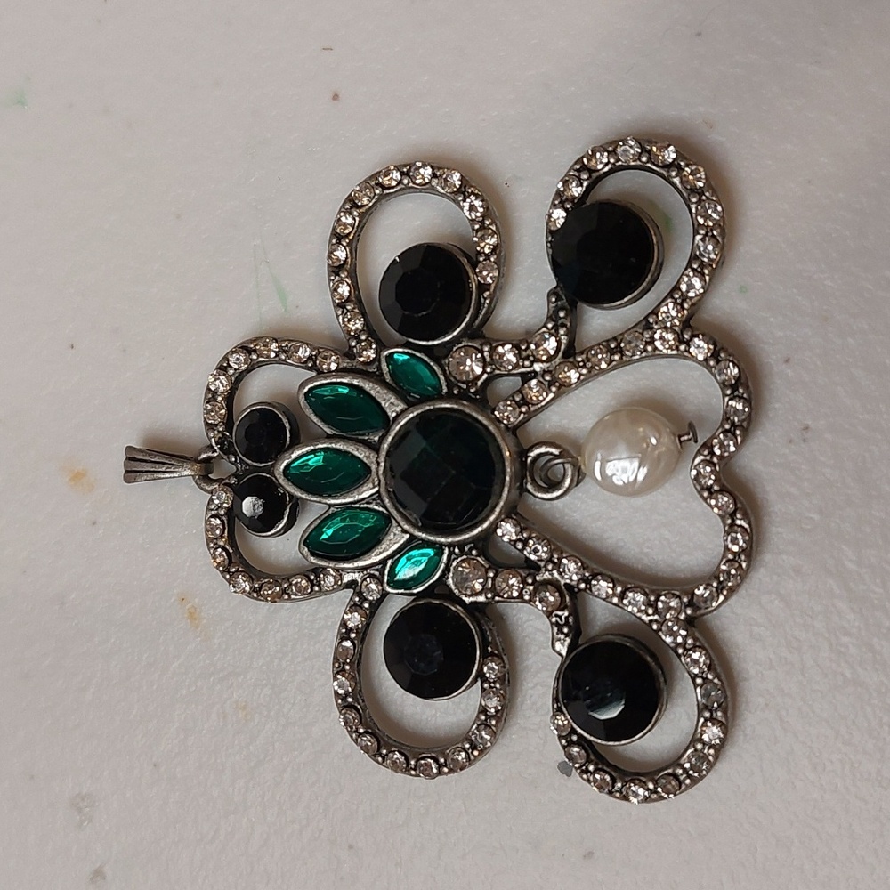 Irish Inspired Dramatic Pendant Clear Black Green Rhinestones Faux Pearl Accents